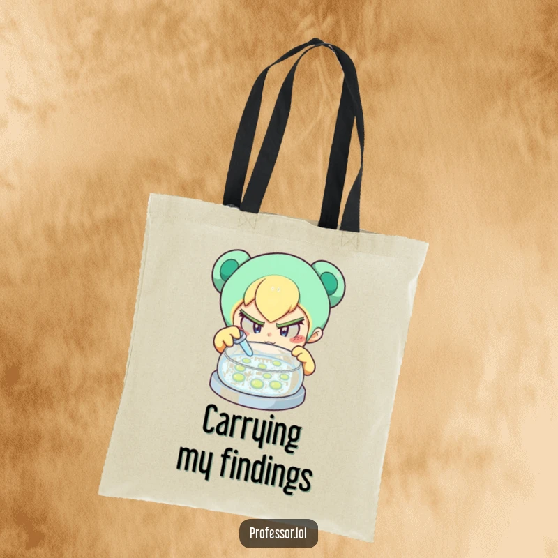 Funny tote bag with a determined character curiously looking into a petri dish, ideal for carrying items with a scientific theme.