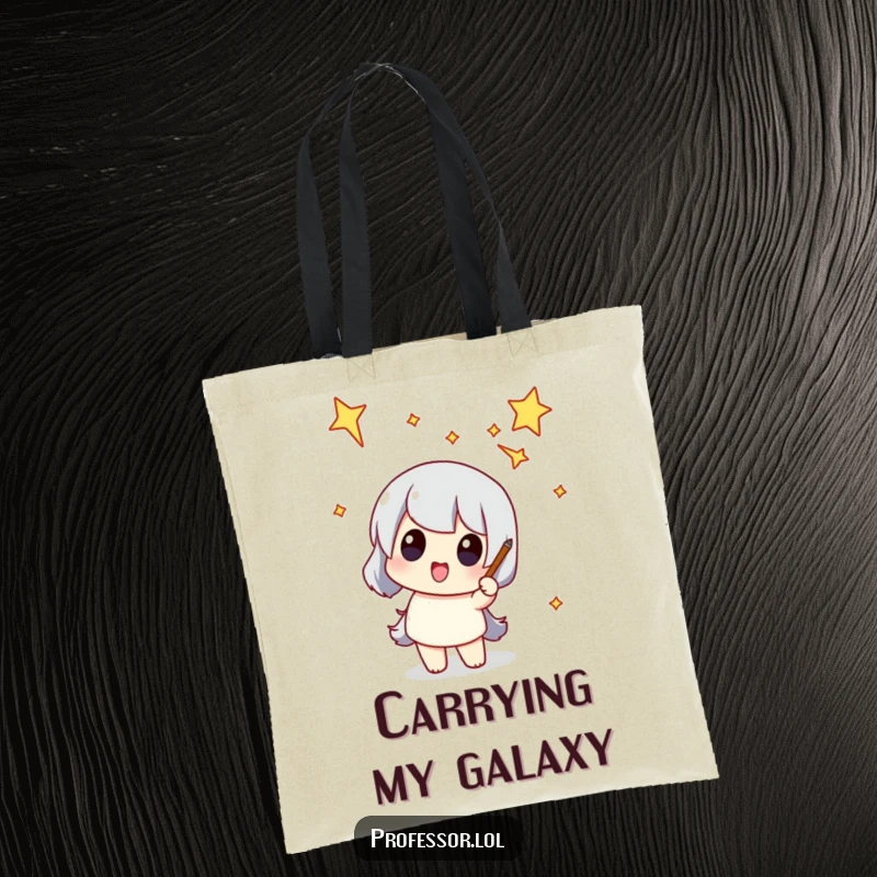 Funny tote bag with a character pointing at a funny-shaped constellation, perfect for carrying items with cosmic humor.
