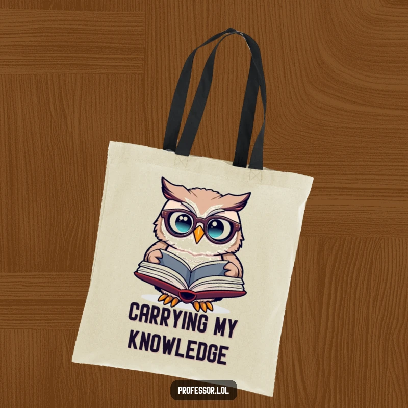 Funny owl spectacles tote bag with a cute owl wearing glasses, curiously reading an open book.