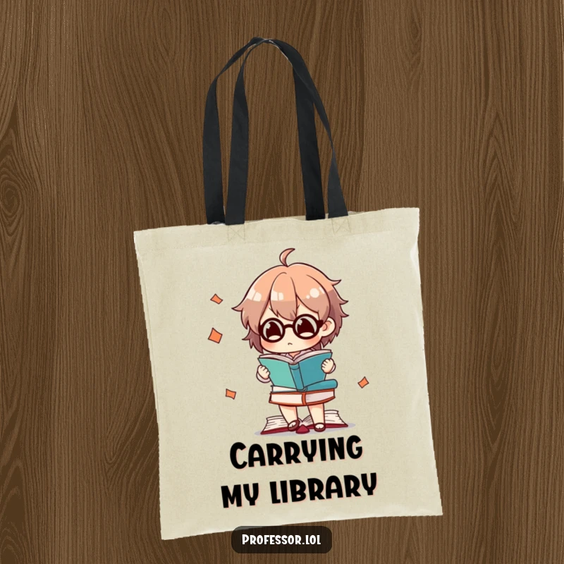 Funny tote bag depicting a character concentrating hard while juggling a stack of books, for book enthusiasts.