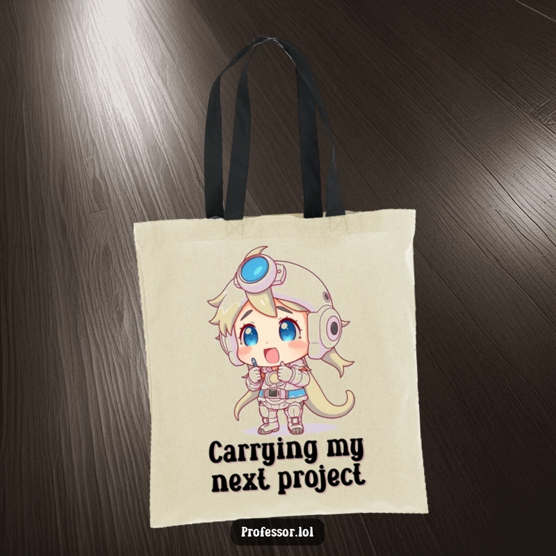 Funny tote bag featuring a character excited about a large, complex model, great for carrying supplies.