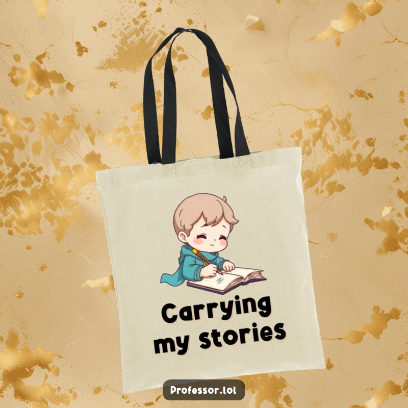 Funny tote bag with an inspired character writing quickly with a quill, ideal for carrying books.