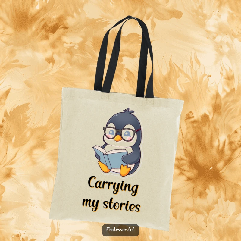 Funny Penguin Bookworm Tote Bag: Chubby penguin wearing spectacles reads a thick book, a practical and humorous accessory for book lovers.