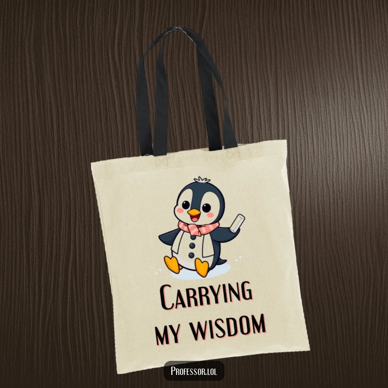 Funny Penguin Professor Tote Bag: A cheerful penguin professor slides across an icy chalkboard, a humorous and functional tote.