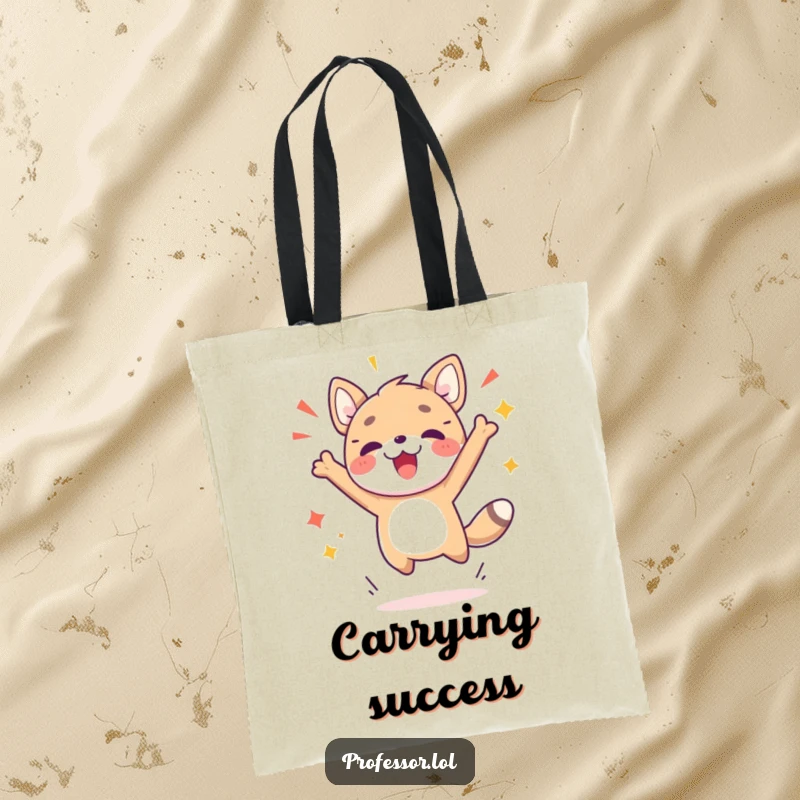 Funny tote bag illustrating a cute animal character leaping with joy, celebrating a successful breakthrough or achievement.