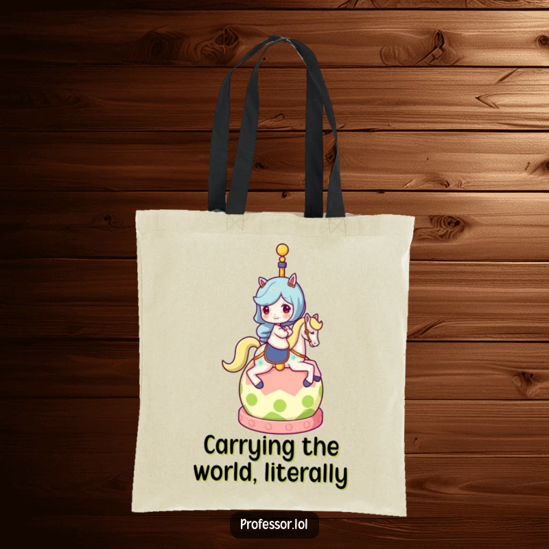 Funny tote bag depicting a character riding a globe, symbolizing global journeys and adding a touch of humor to daily errands.