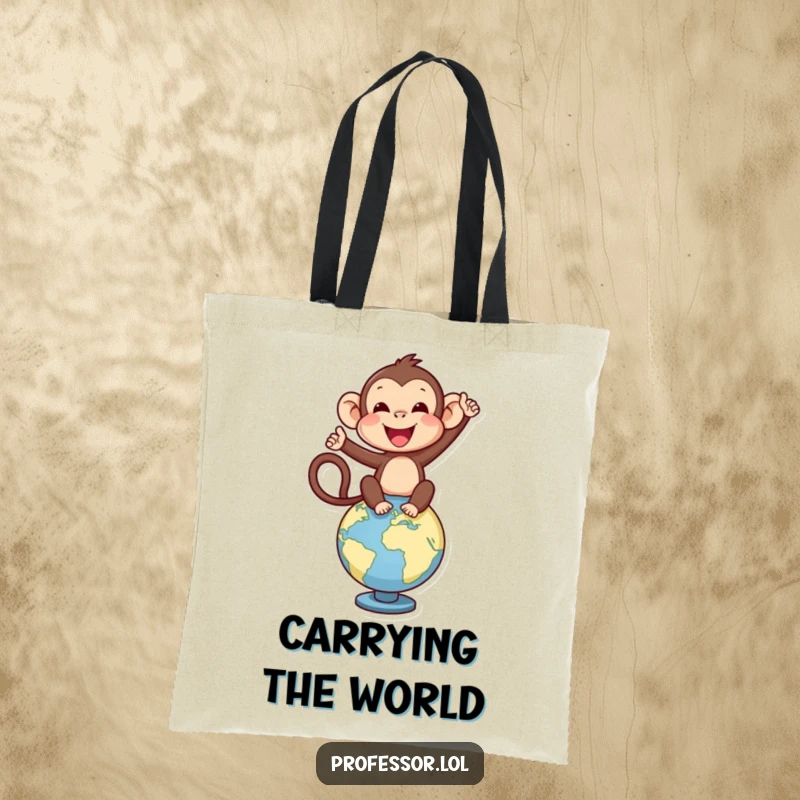 Funny delighted monkey character balancing on a globe, ready for adventure on this stylish tote bag.