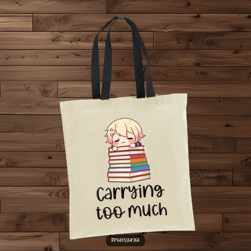 Funny tote bag showcasing a surprised character mid-trip over a pile of imposing books, ideal for carrying essentials humorously.
