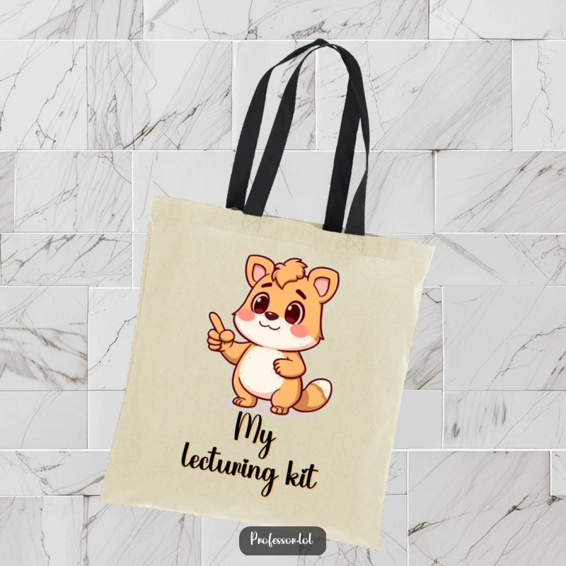 Funny tote bag with a determined animal character lecturing animatedly with a pointer, perfect for carrying essentials with authority.
