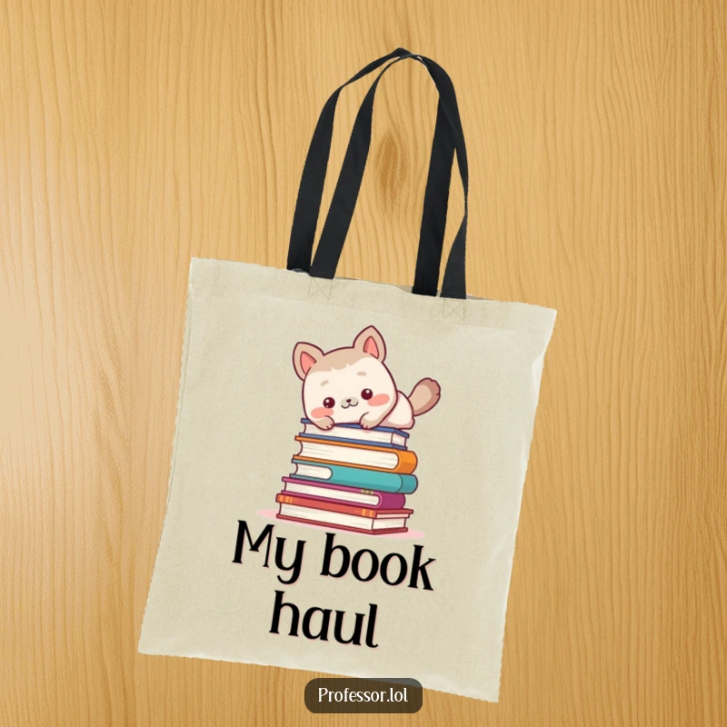 Funny cute animal character comically falling over a stack of books, durable tote bag for book lovers.