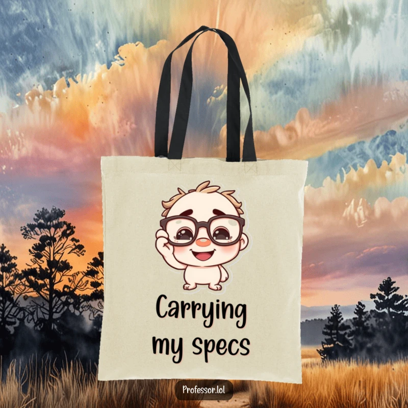 Funny character playfully adjusting oversized spectacles on its nose with a grin, a humorous tote for book lovers. Carry your knowledge.