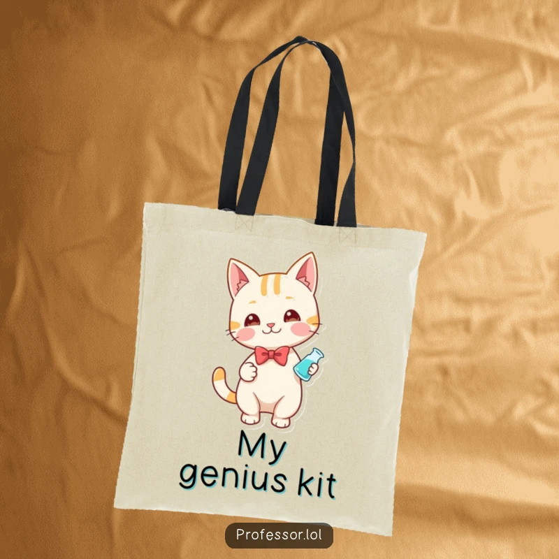 Funny tote bag with a playful cat character wearing a bow tie, holding a small beaker, ready for scientific endeavors.