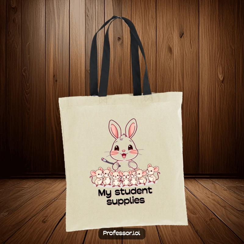 Funny tote bag featuring a cheerful rabbit character teaching a class of tiny mice, perfect for school supplies.