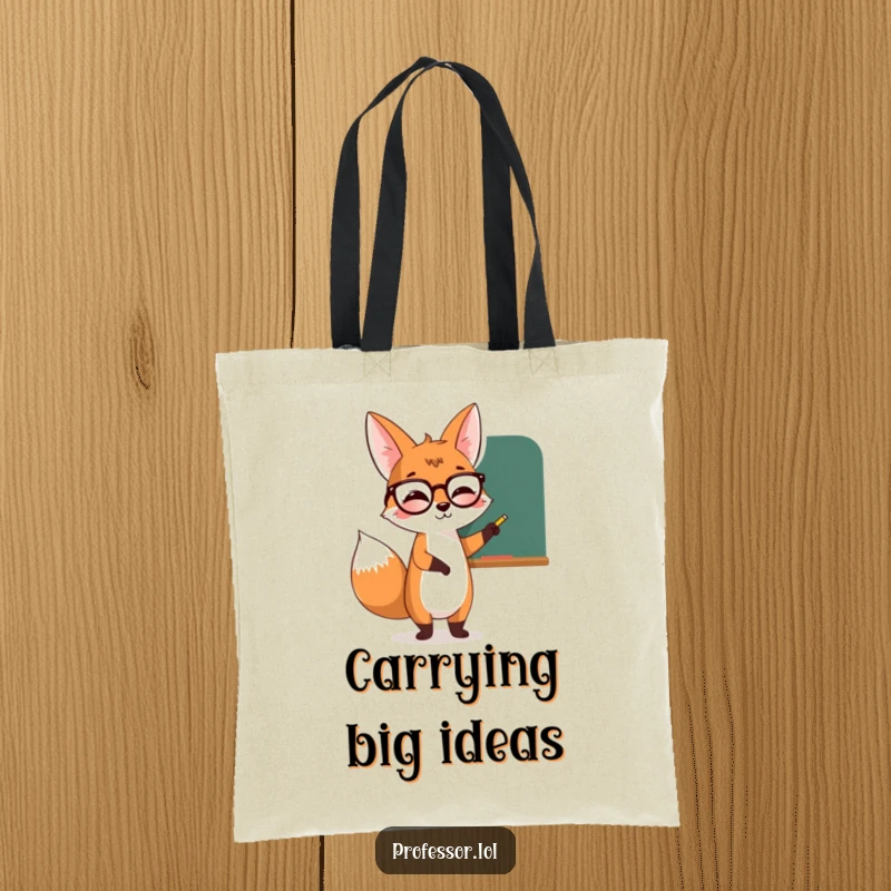 Funny giggling fox character wearing glasses, pointing at a chalkboard, great for carrying school supplies on this tote.