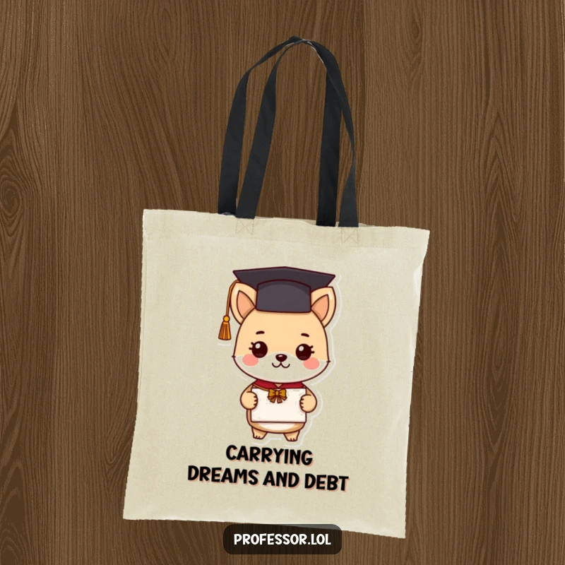 Funny graduation animal tote bag featuring a cute scholar character with a diploma, showcasing academic achievement with a humorous and charming design.