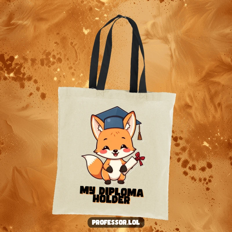 Funny graduation fox tote bag with a cheerful fox in a tiny cap, holding a diploma proudly.