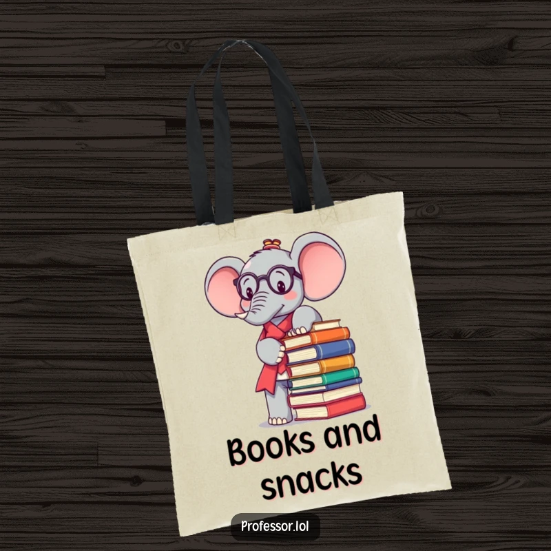 Funny Kawaii elephant professor character precariously stacking books, ready to carry your essentials in this tote bag.