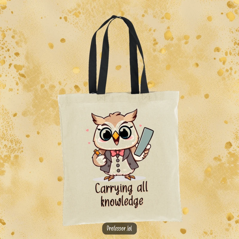 Funny Kawaii owl professor character excitedly explaining with chalk, depicted on a practical tote bag.