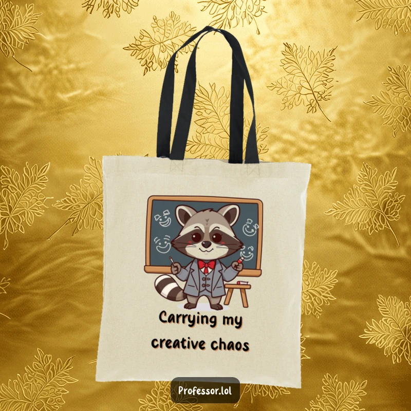 Funny Kawaii raccoon professor drawing funny faces on a blackboard, on a stylish and humorous tote bag, perfect for carrying essentials.