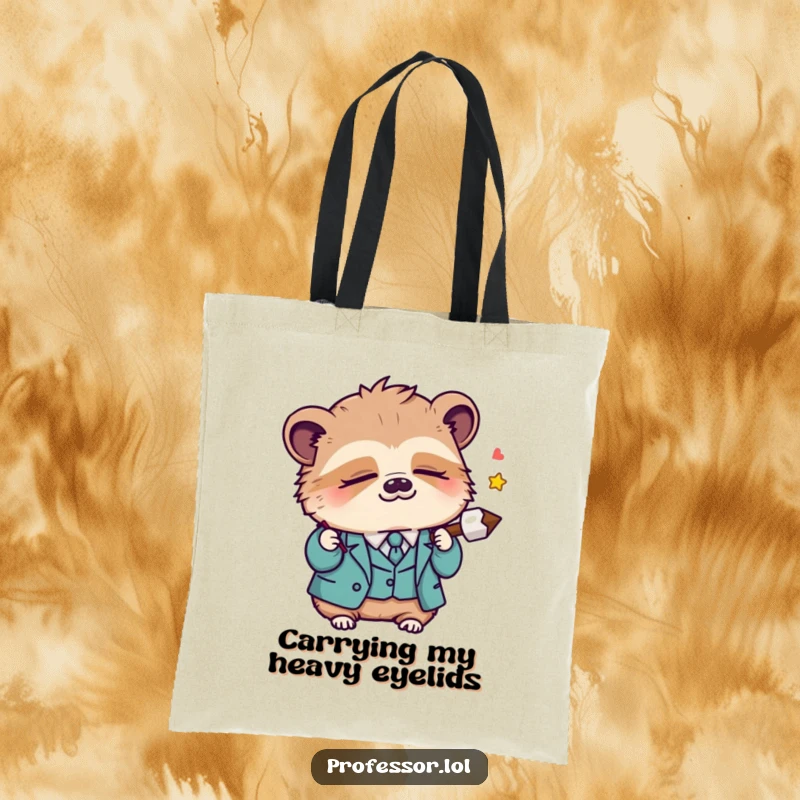 Funny Kawaii sloth professor dozing off while holding a lecture pointer, on a stylish and humorous tote bag, perfect for carrying necessities.