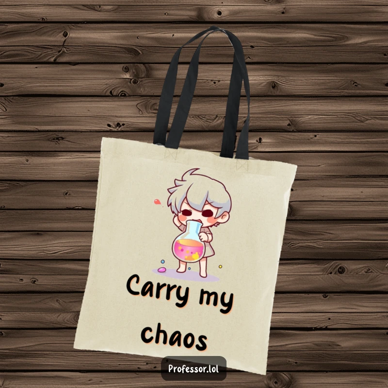 Funny tote bag featuring a surprised character after dropping a beaker of colorful liquid, a science blunder.