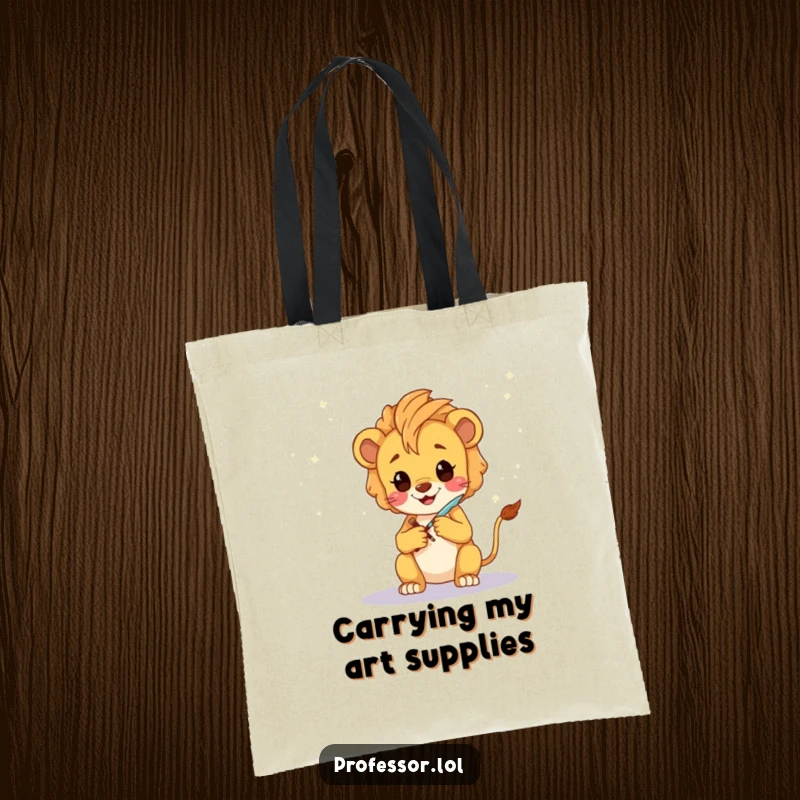 Funny Lion Cub Artist Tote Bag: A happy Kawaii lion cub sketching a fantastical galaxy with a glowing quill, for carrying essentials.