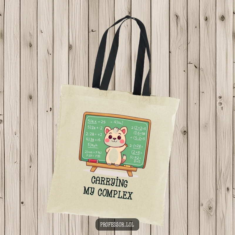 Funny tote bag featuring an animal character scribbling equations on a chalkboard, ideal for carrying books and supplies.