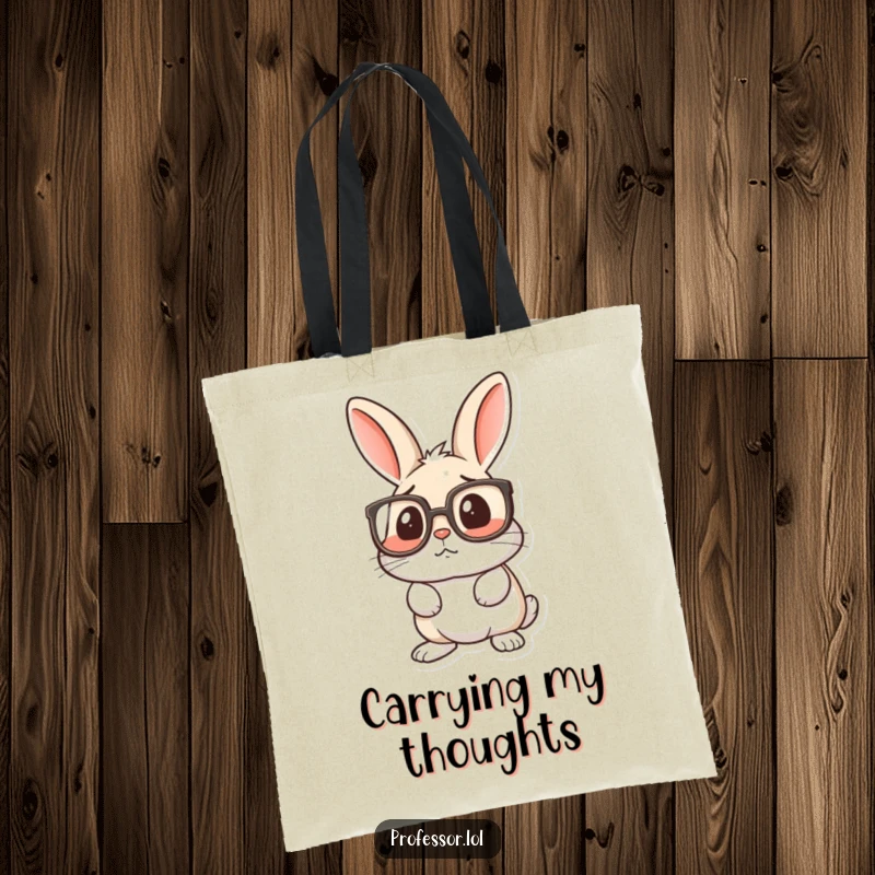 Funny tote bag showcasing a rabbit with enormous spectacles, looking surprised and confused, a quirky accessory.