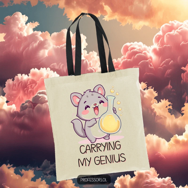 Funny cute animal character excitedly holding an overflowing bubbling beaker, a humorous tote for science lovers. Carry your passion with style.