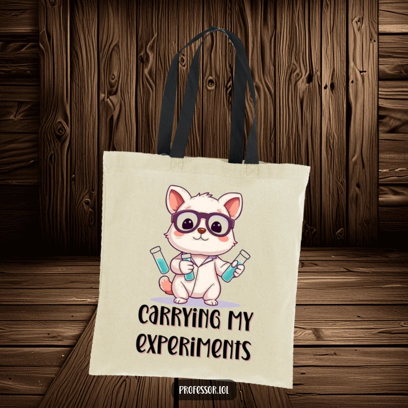 Funny tote bag showcasing a cute animal character skillfully juggling colorful test tubes, ideal for carrying books or groceries with scientific charm.
