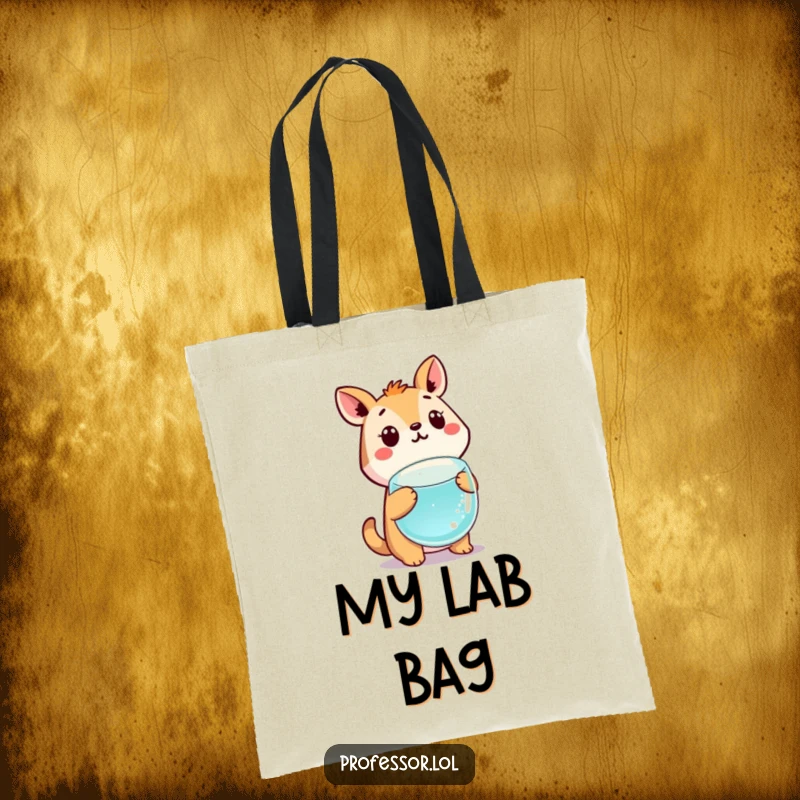 Funny cute animal character looking astonished at a glowing, floating beaker, ideal for carrying lab supplies.