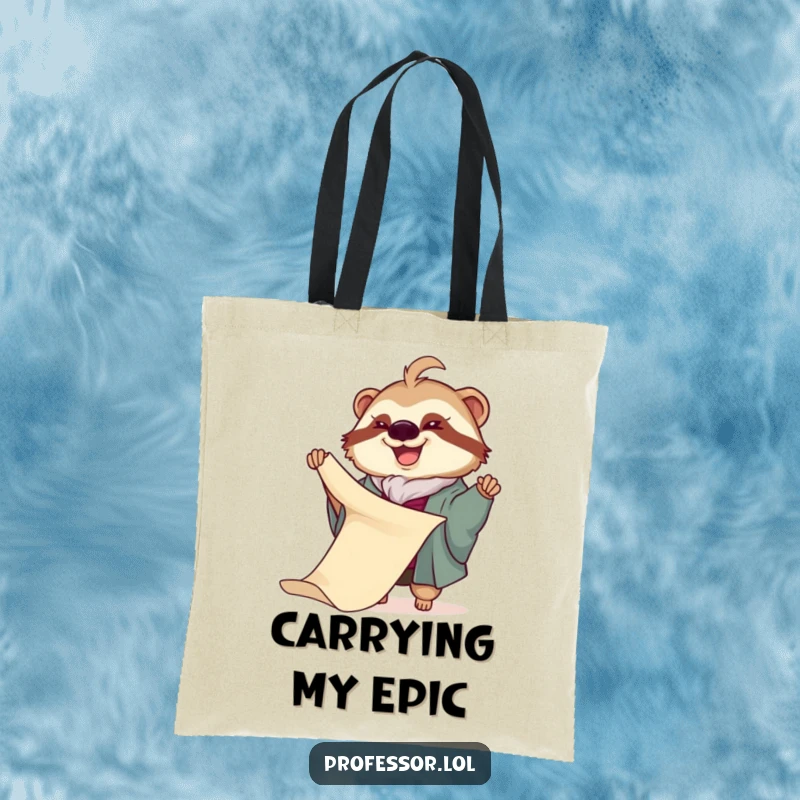 Funny Sloth Professor Tote Bag: A joyful sloth professor slowly unfurls a very long scroll, a humorous and functional tote for carrying essentials.