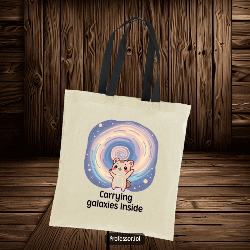 Funny tote bag depicting a small animal excitedly pointing at a swirling galaxy, ideal for carrying groceries and cosmic dreams.