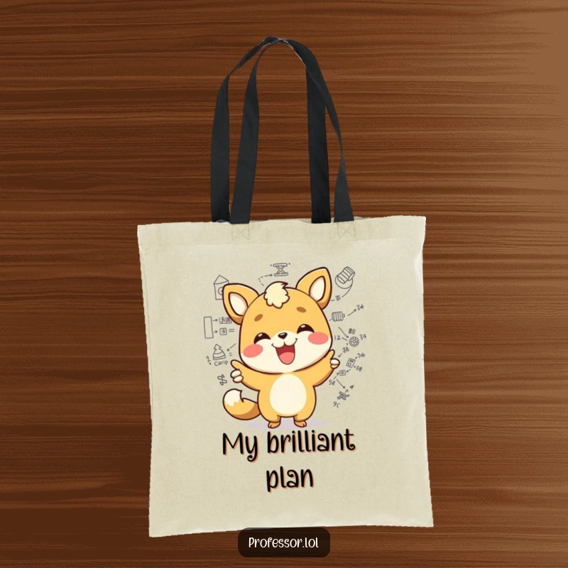 Funny kawaii animal character joyfully pointing at a complex diagram with a wide smile, a humorous tote for book lovers. Carry your smarts.