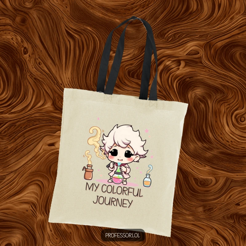 Funny tote bag with a character happily experimenting and creating colorful smoke, ideal for carrying items with a creative theme.