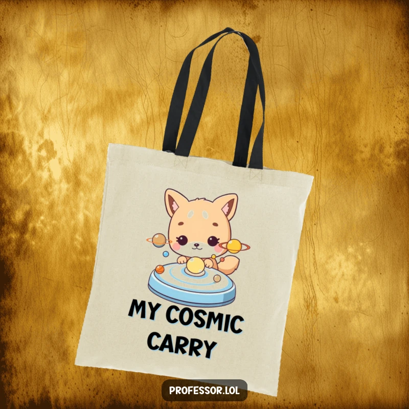 Funny cute animal character intently studying a model of the solar system, durable tote bag design.