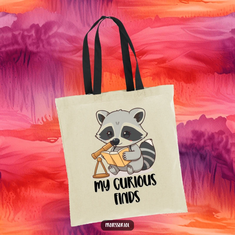 Funny tote bag with a curious raccoon character using a telescope to examine a book, perfect for carrying library finds.