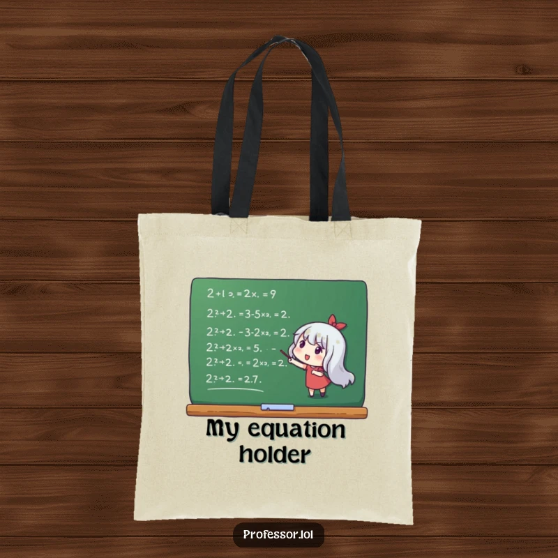 Funny tote bag showing a character pointing at a chalkboard covered in mathematical equations, promoting smarts.