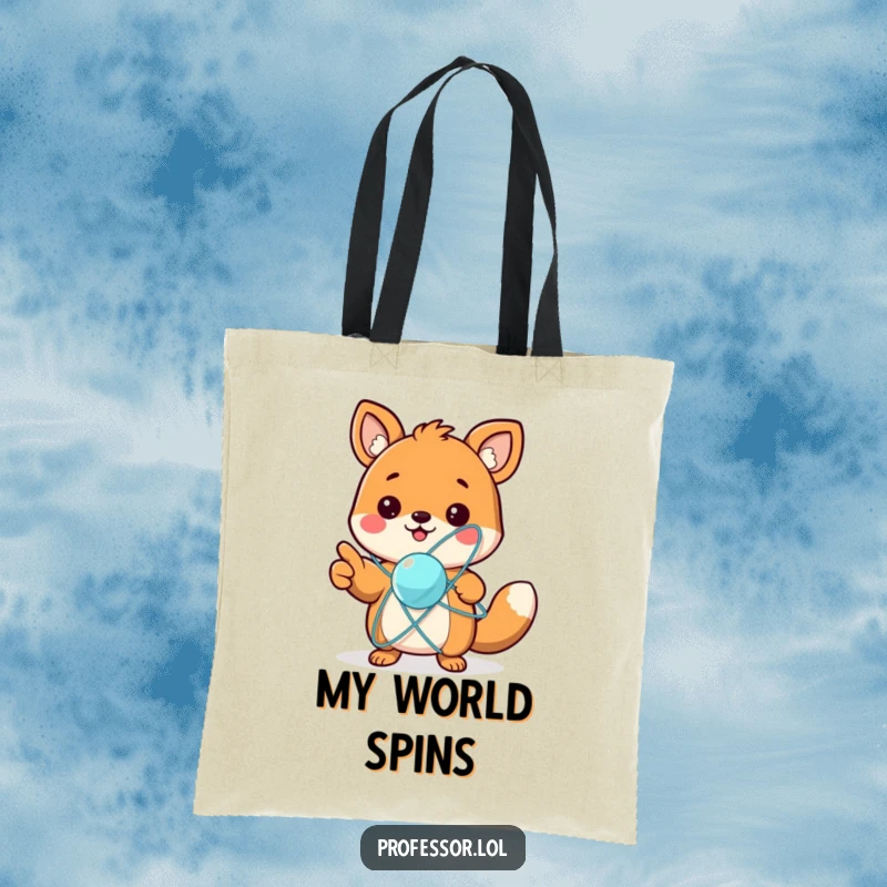 Funny tote bag with a cute animal character excitedly pointing at a spinning atom model, perfect for carrying essentials with scientific flair.