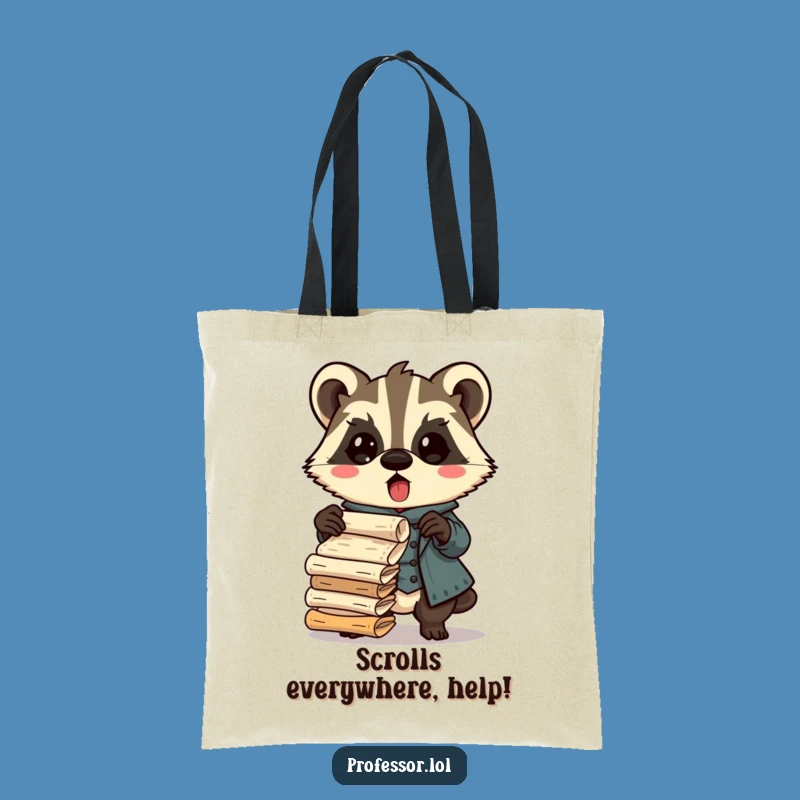 Funny Badger Professor Tote Bag: Surprised Scholar, Dropping Scrolls, Study Gift